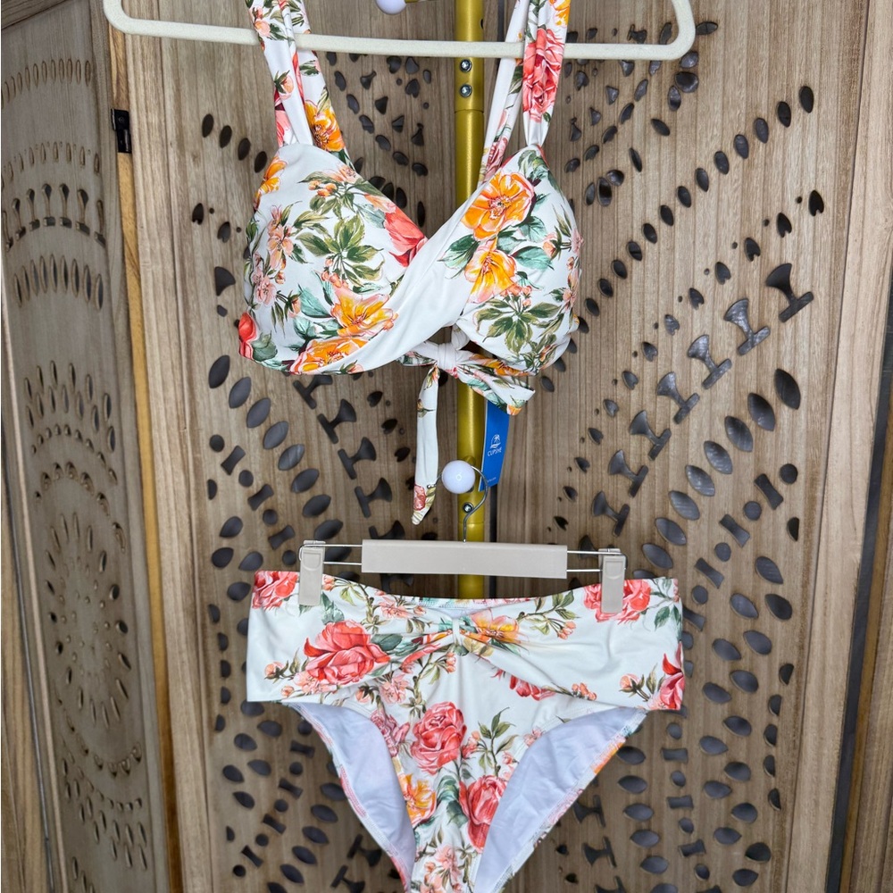 Cupshe White Floral Tie-Front Bikini - Orange, Pink, Green